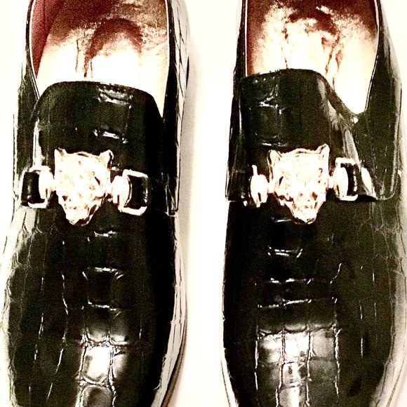 New Mens Lizard Print Black Shoes With Gold Buckle main image 4